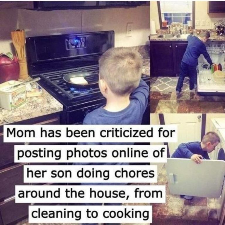 People laughed at this mother when she told them that she makes her 7-year-old boy clean, and that she teaches him how to cook and do laundry.Vb